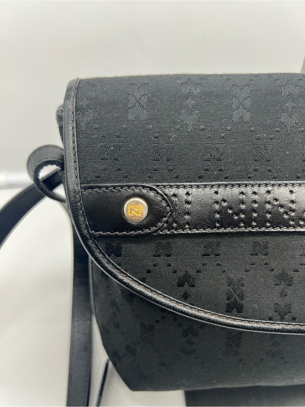 NINA RICCI VINTAGE Black Monogram Canvas Perforated Leather Flap Crossbody Bag - Picture 3 of 12